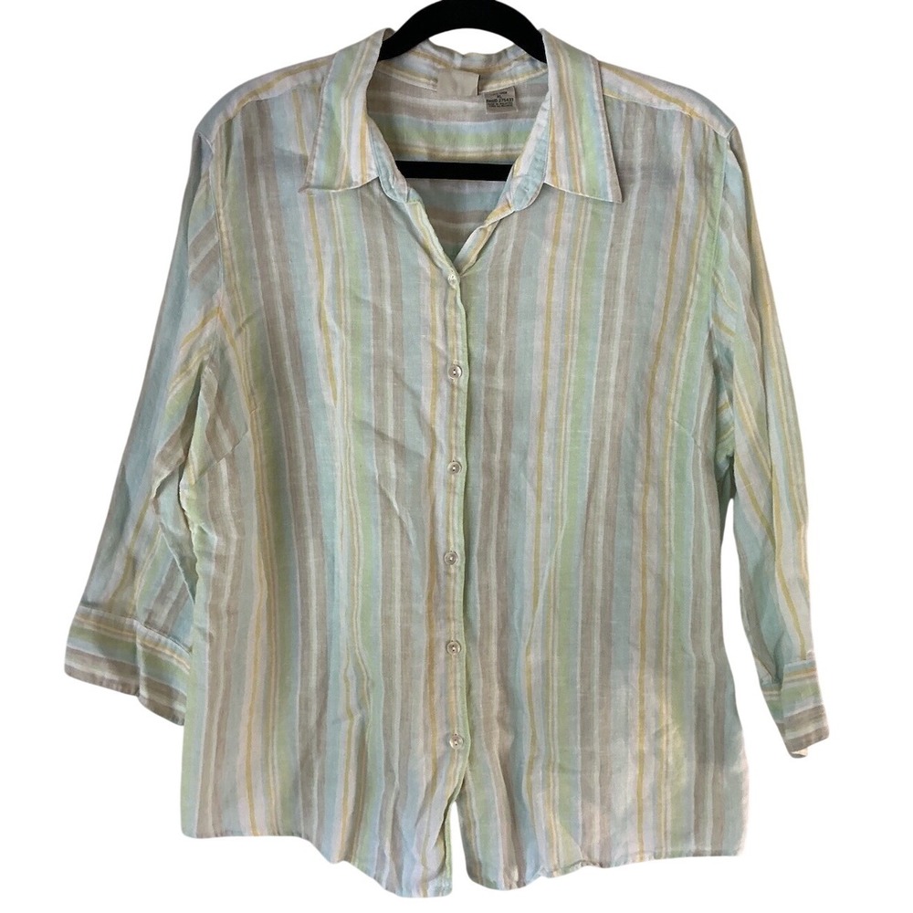 LL Bean Linen Shirt Womens XL Button Down 3/4 Sleeve Cottagecore Casual‎ Preppy